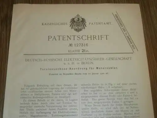 original Patent - Deutsch-Russische Elektricitätszähler GmbH , 10.01.1901 , Motorzähler , Zähler , Russland !!