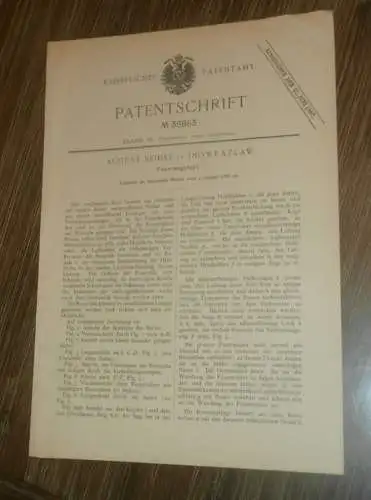 original Patent - August Seidel in Inowrazlaw i. Polen , 3.08.1886 , Rost für Dampfmaschine , Inowrocław  !!