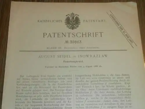 original Patent - August Seidel in Inowrazlaw i. Polen , 3.08.1886 , Rost für Dampfmaschine , Inowrocław  !!