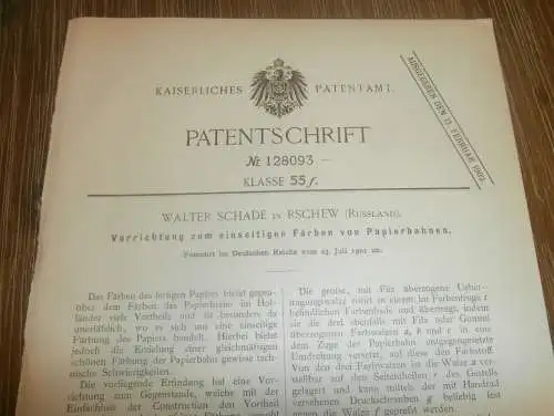 original Patent - Walter Schade in Rschew i. Russland , 23.07.1901 , Papier-Maschine , Papierfabrik !!