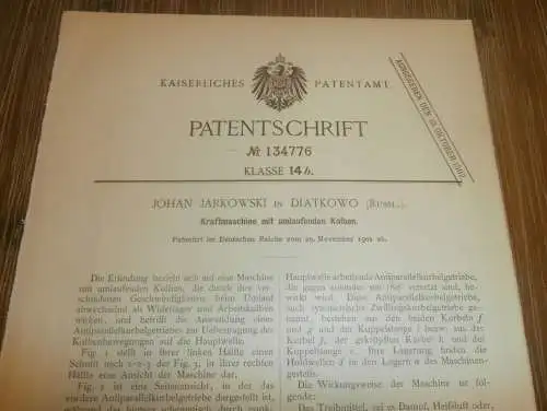 original Patent - Johan Jarkowski in Diatkowo / Djatkowo  i. Russland , 29.11.1901 , Kraftmaschine , Motor !!