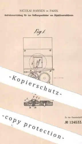 original Patent - Nicolai Hansen , Paris , Frankreich , Antrieb am Objektivverschluss | Objektiv , Kamera , Photography