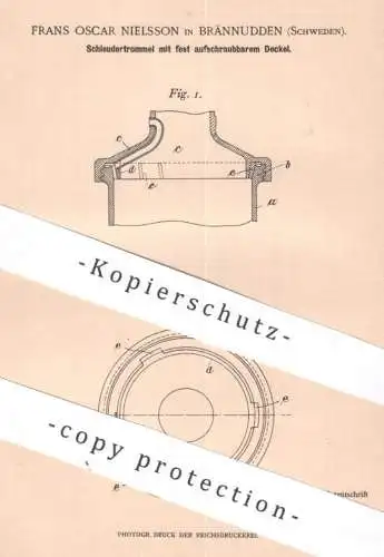 original Patent - Frans Oscar Nielsson , Brännudden , Schweden , 1899 , Schleudertrommel | Schleuder - Trommel | Milch