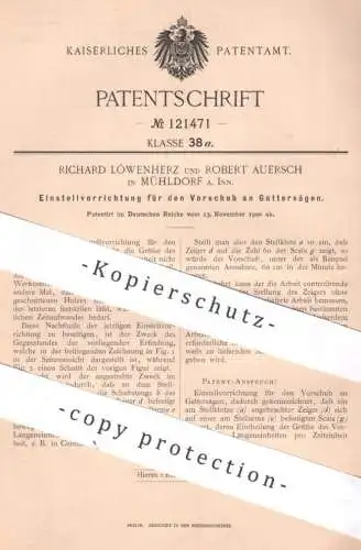 original Patent - Richard Löwenherz , Robert Auersch , Mühldorf / Inn | 1900 | Vorschub an Gattersäge | Gatter - Säge !!