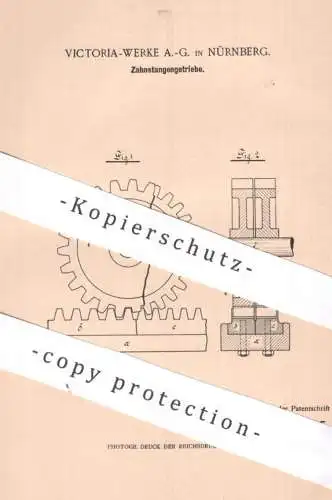 original Patent - Victoria Werke AG Nürnberg , 1900 , Zahnstangengetriebe | Zahnstangen - Getriebe | Zahnrad , Zahnräder