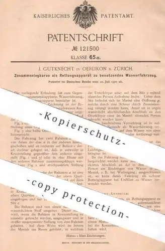 original Patent - J. Gutknecht , Oerlikon / Zürich , Schweiz , 1900 , Wasserfahrzeug als Rettungsapparat | Boot , Wasser