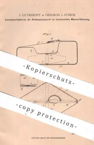 original Patent - J. Gutknecht , Oerlikon / Zürich , Schweiz , 1900 , Wasserfahrzeug als Rettungsapparat | Boot , Wasser