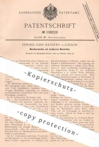 original Patent - Edward John Mathews , London , England , 1898 , Mundharmonika mit Mundstück | Musik , Musikinstrument