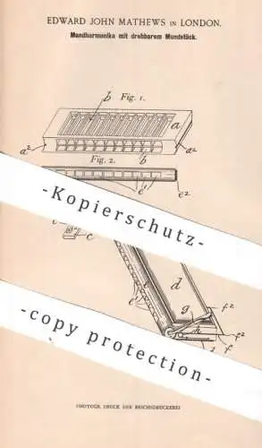 original Patent - Edward John Mathews , London , England , 1898 , Mundharmonika mit Mundstück | Musik , Musikinstrument