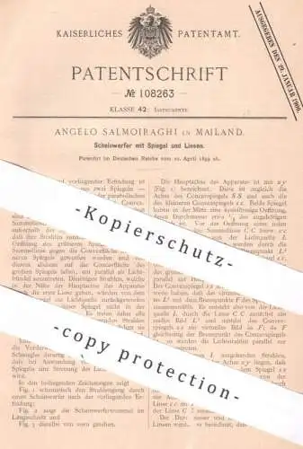 original Patent - Angelo Salmoiraghi , Mailand , Italien , 1899 , Scheinwerfer mit Spiegel und Linsen | Linse , Licht