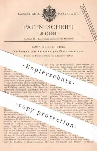 original Patent - James Burke , Berlin , 1898 , Anlassen von Elektromotor | Anlasser , Motor , Motoren , Strom !!