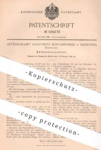 original Patent - Aktieselskabet Sandvikens Blikvarefabrik , Sandviken , Norwegen 1898 , Büchsenverschluss | Dose Büchse