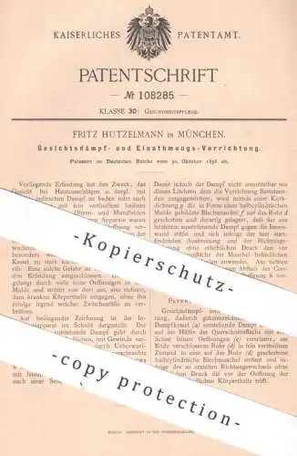 original Patent - Fritz Hutzelmann , München , 1898 , Einatmungsgerät , Inhaliergerät , Gesichtsdämpfer | Medizin Dampf