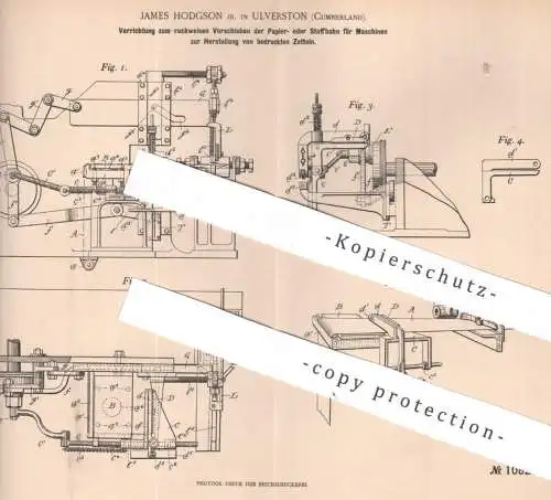 original Patent - James Hodgson , Ulverston , Cumberland | 1897 | Papier- o. Stoffbahn zur Herst. von bedrucktem Zettel