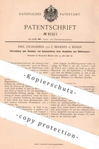 original Patent - Emil Zschammer , F. Berkner , Berlin 1896 , Abstellen von Gasmaschine | Gasmotor , Kühlwasser , Motor