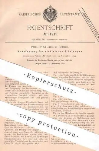 original Patent - Philipp Seubel , Berlin , 1896 , Hahnfassung für elektrische Glühlampe | Lampenfassung , Lampe , Licht