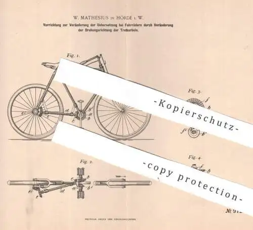 original Patent - W. Mathesius , Hörde / Westf. | 1896 | Übersetzung am Fahrrad | Tretkurbel , Kurbel | Fahrräder !!!