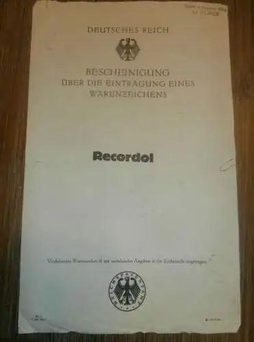 original Patent / Warenzeichen - Eintragung , RECORDOL ,9.7.1926 ,Ewald Meyer / Jahn & Co. in Rostock , Chemische Fabrik