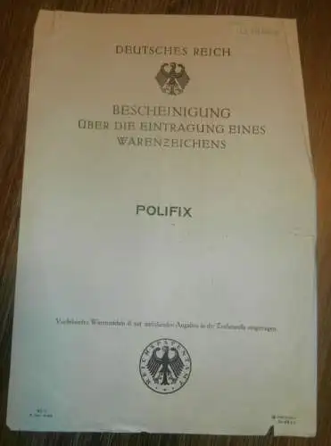 original Patent / Warenzeichen - Eintragung , POLIFIX ,12.1.1927,Ewald Meyer / Jahn & Co. in Rostock , Chemische Fabrik