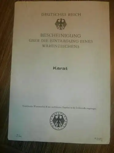 original Patent / Warenzeichen - Eintragung , KARAT , 28.04.1927 ,Ewald Meyer / Jahn & Co. in Rostock , Chemische Fabrik