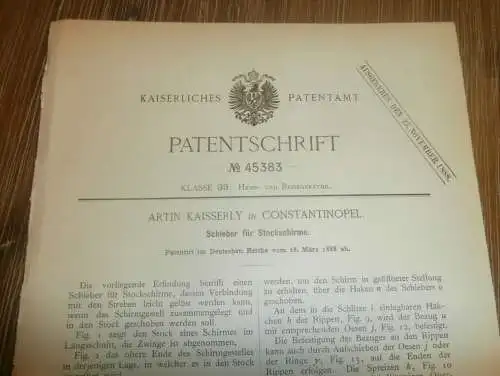 original Patent - Artin Kaisserly in Contantinopel / Istanbul , 18.03.1888 , Stockschirm , Schirm !!