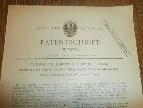 original Patent - Nicolas Tscherikowski in Smiela / Smila i. Ukraine , 1.12.1887 , Zucker , Zuckerfabrik ; Russland !!