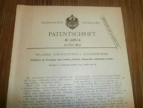 original Patent - W. Taboulevitsch in Alexandrowski / Russland , 4.03.1902 , farbiges Licht , Alexandrowsk-Sachalinski !