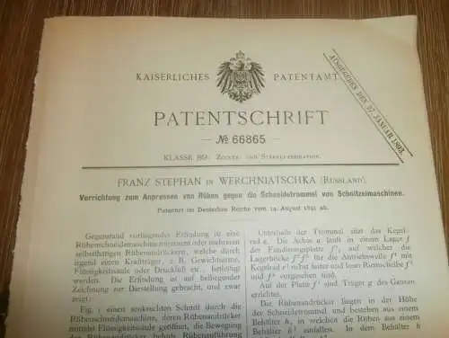 original Patent - Franz Stephan in Werchniatschka / Russland , 14.08.1891 , Maschine für Rüben , Zuckerfabrik , Zucker !