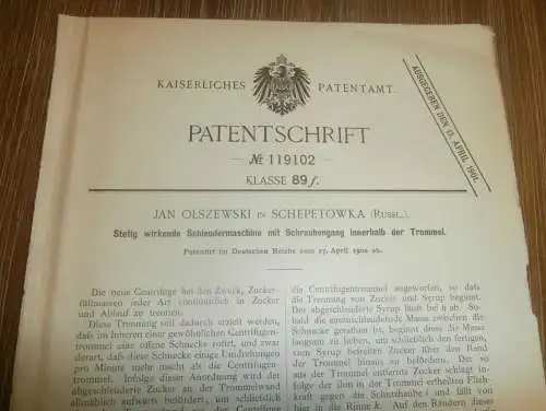 original Patent - Jan Olszewski in Schepetowka / Russland , 27.04.1900 , Schleudermaschine , Zucker , Zuckerfabrik !!!