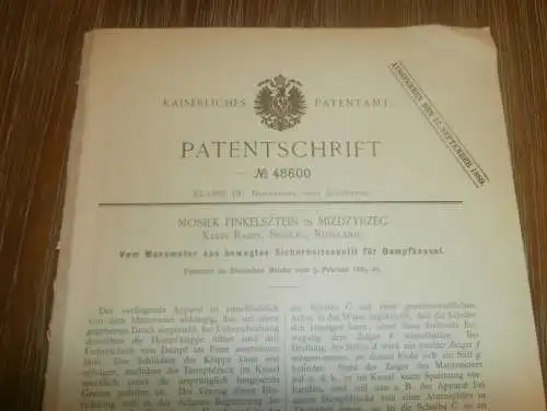 original Patent -  Mosiek Finkelstein in Mizdzyrzec / Meseritz b. Radin /  Polen , 5.02.1889 , Dampfmaschine Międzyrzec