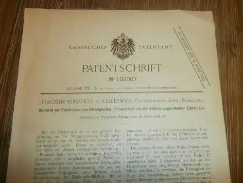 original Patent -  Joachim Sirotkin in Kiselewka / Ukraine , 19.04.1898 , Elektrolyse , Soda , Russland  !!!