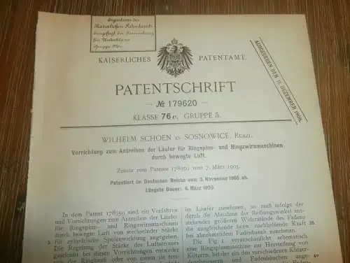 original Patent -  Wilhelm Schoen in Sosnowice in Polen , 3.11.1905 , Spinnmaschine , Spinnerei , Russland  !!!