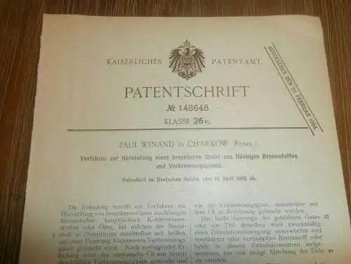 original Patent -  Paul Winand in Charkow / Charkiw in Russland , 16.04.1902 , Brennstoff - Herstellung  !!!