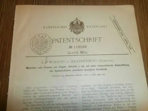 original Patent -  E.T. Wolsoff in Jekaterinburg / Russland , 13.05.1900 , Maschine für Brikett , Ziegel , Steinkohle !