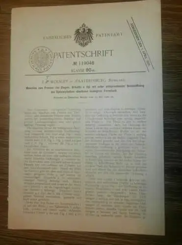 original Patent -  E.T. Wolsoff in Jekaterinburg / Russland , 13.05.1900 , Maschine für Brikett , Ziegel , Steinkohle !