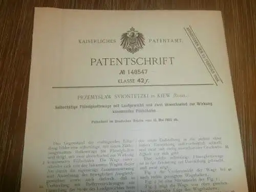 original Patent -  Przemyslaw Sviontetzki in Kiew / Russland , 16.05.1902 , Balkenwaage mit Flüssigkeit , Waage !!!