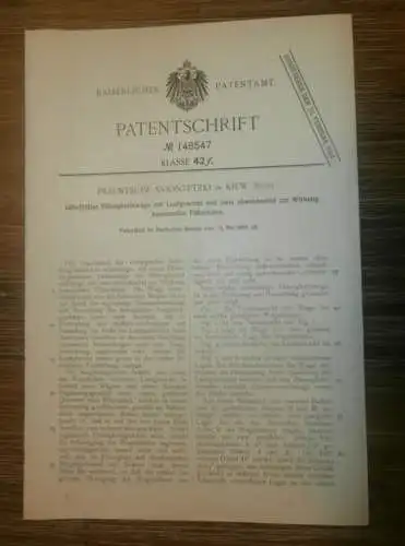 original Patent -  Przemyslaw Sviontetzki in Kiew / Russland , 16.05.1902 , Balkenwaage mit Flüssigkeit , Waage !!!