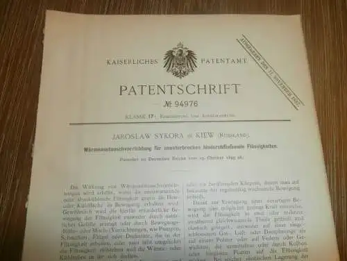 original Patent -  Jaroslaw Sykora in Kiew / Russland , 25.10.1895 , Wärmetauscher , Eisbereitung  !!!