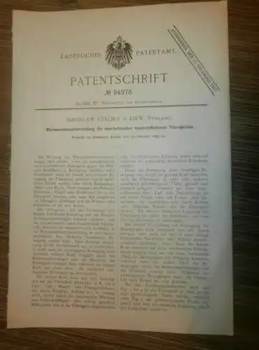 original Patent -  Jaroslaw Sykora in Kiew / Russland , 25.10.1895 , Wärmetauscher , Eisbereitung  !!!