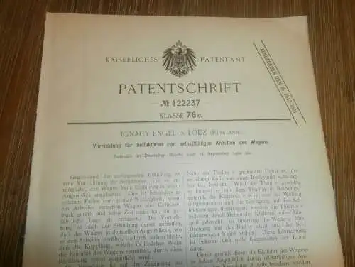 original Patent -  Ignacy Engel in Lodz / Polen , 18.09.1900 , Selfaktor für Wagen , Russland !!!