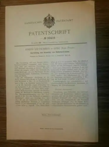 original Patent -  Joseph Kretschmer in Lodz / Polen , 31.12.1897 , Globoidschrauben , Maschinenbau , Russland !!!