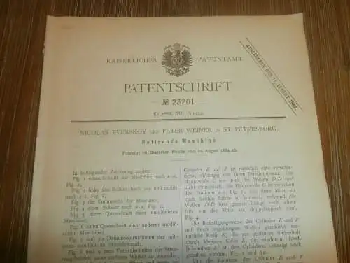 original Patent -  Nicolas Tverskov und Peter Weiner in St. Petersburg / Russland , 22.08.1882 , rotierende Maschine !!!