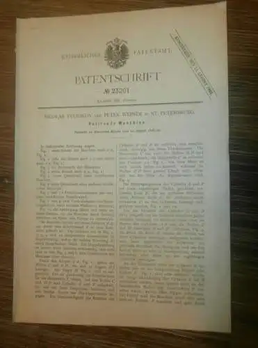 original Patent -  Nicolas Tverskov und Peter Weiner in St. Petersburg / Russland , 22.08.1882 , rotierende Maschine !!!