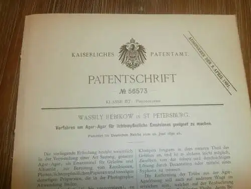 original Patent -  Wassily Rebikow in St. Petersburg / Russland , 20.06.1890 , Agar-Agar , Photographie , Licht , Tang !