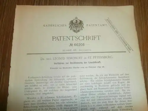 original Patent -  Dr. med. Leonid Simonoff in St. Petersburg / Russland , 20.02.1892 , Bestimmung der Leuchtkraft !!