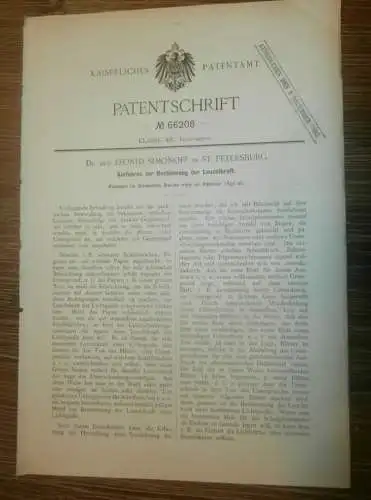 original Patent -  Dr. med. Leonid Simonoff in St. Petersburg / Russland , 20.02.1892 , Bestimmung der Leuchtkraft !!