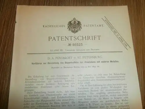 original Patent -  D.A. Péniakoff in St. Petersburg / Russland , 9.05.1893 , Aluminium - Herstellung   !!