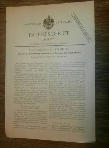 original Patent -  D.A. Péniakoff in St. Petersburg / Russland , 9.05.1893 , Aluminium - Herstellung   !!