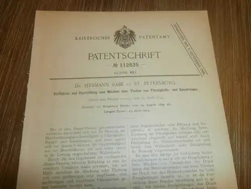 original Patent -  Dr. Hermann Rabe in St. Petersburg / Russland , 29.08.1899 , Mischen von Flüssigkeiten  !!