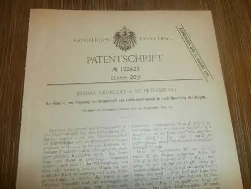 original Patent -  Jordan Georgoff in St. Petersburg / Russland , 29.09.1899 , Bremse für Wagen , Automobile  !!